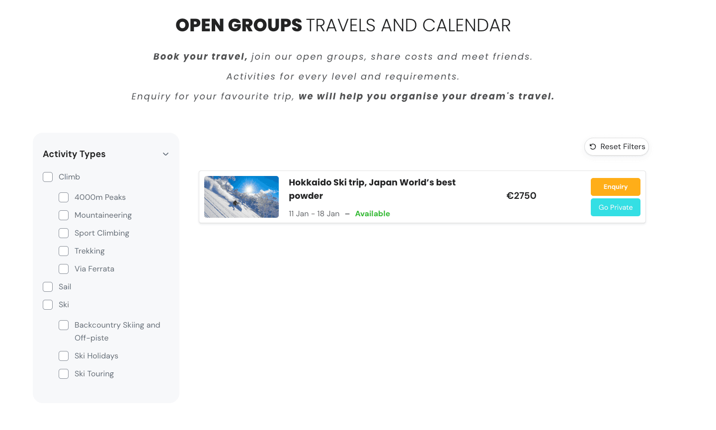Pagina Open Groups di Horizon Adventures con filtri per attività e una scheda di viaggio con date, disponibilità, prezzo e azioni di richiesta.
